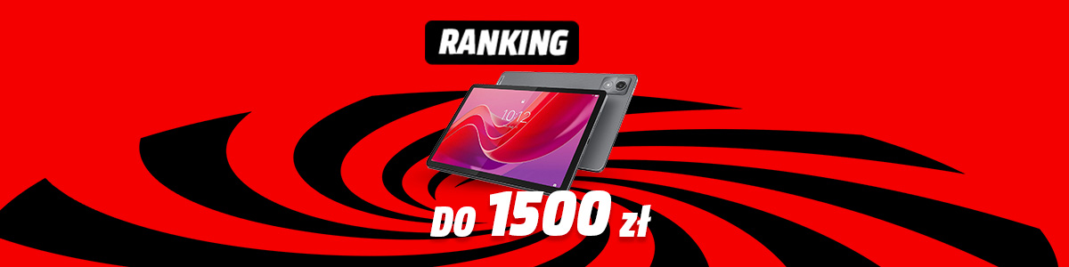 Czerwone tło z czarnymi wirami. Na środku dwa tablety, jeden z widocznym ekranem. U góry czarny napis "RANKING", na dole "do 1500 zł".