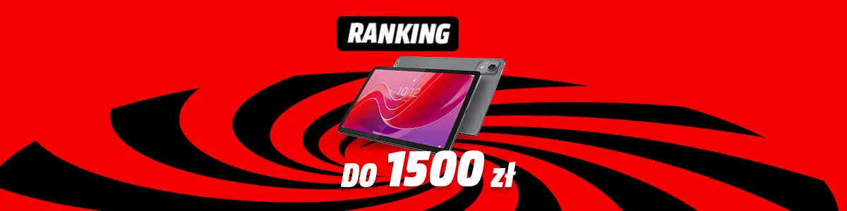 Czerwone tło z czarnymi wirami. Na środku dwa tablety, jeden z widocznym ekranem. U góry czarny napis "RANKING", na dole "do 1500 zł".