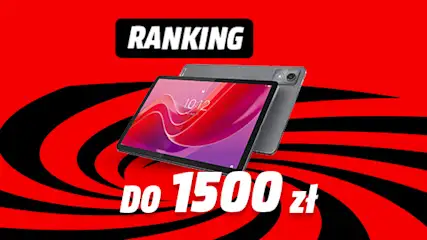 Czerwone tło z czarnymi wirami. Na środku dwa tablety, jeden z widocznym ekranem. U góry czarny napis "RANKING", na dole "do 1500 zł".