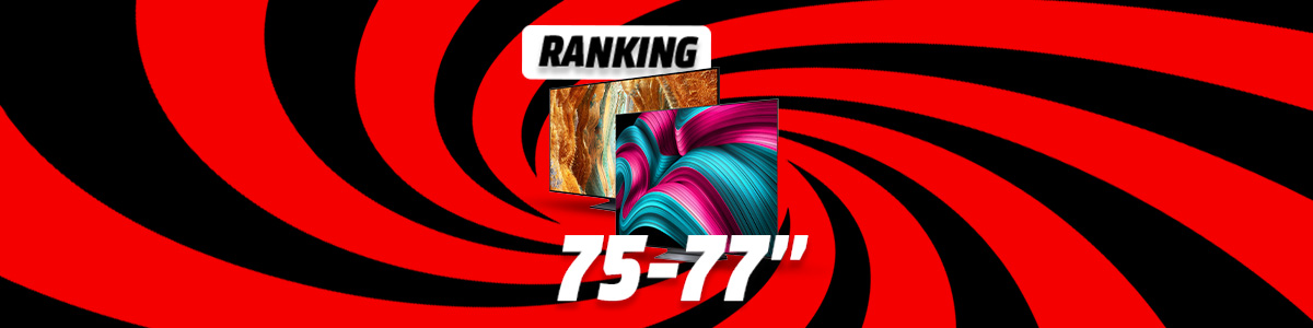 Grafika dwóch telewizorów na tle czarno-czerwonego wiru. Napis: Ranking 75-77 cali. 