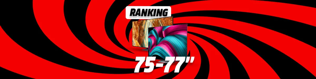 Grafika dwóch telewizorów na tle czarno-czerwonego wiru. Napis: Ranking 75-77 cali. 