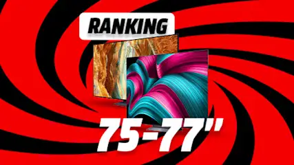 Grafika dwóch telewizorów na tle czarno-czerwonego wiru. Napis: Ranking 75-77 cali.
