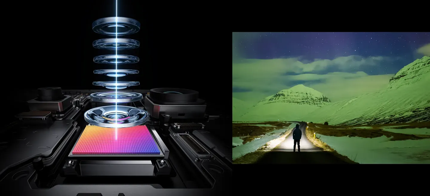 Wizualizacja peryskopowego aparatu w smartfonie: stos soczewek, wiązka światła przechodząca do matrycy dająca zdjęcie gór po prawej stronie nasycone kolorami..