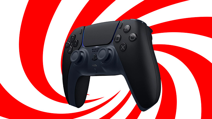 Czarny kontroler do gier na tle czerwono-białej spirali. Kontroler ma przyciski i dwa analogi.