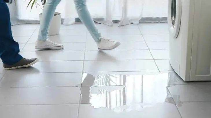 Na kafelkach podłogowych rozlana woda, obok pralka. Dwie osoby przechodzą obok kałuży. W tle okno z zasłonami i roślina.