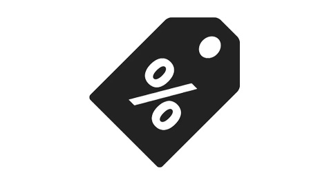 Czarna ikona etykiety cenowej z symbolem procentu na białym tle, wskazująca na zniżkę lub promocję.