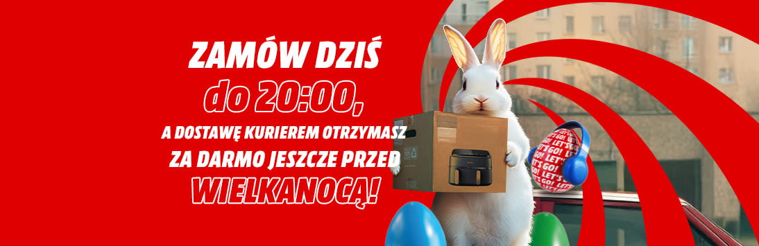 Zamów do godziny 20:00! A dostawę kurierem otrzymasz za darmo przed Wielkanocą! W tle króliczek wielkanocny trzymający karton z airfryer. W tle swirl czerwony oraz jajka wielkanocne.