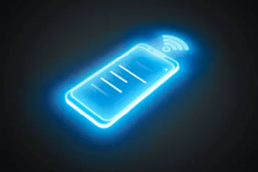 Na ciemnym tle widoczny jest niebieski, świecący telefon z ikoną Wi-Fi. Na ekranie telefonu widoczne są trzy poziome linie tekstu.