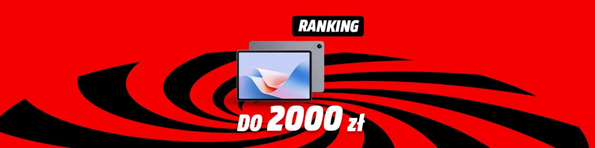 Na czerwonym tle z czarnymi wzorami tablet, napis "Ranking" i "Do 2000 zł".