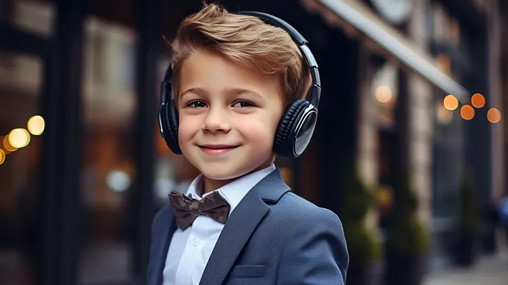 Chłopiec w garniturze i słuchawkach na tle miejskiej ulicy. Nosi brązową muszkę. W tle widać budynki i rozmyte światła.
