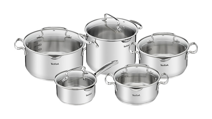 Na białym tle zestaw pięciu srebrnych garnków marki Tefal z przezroczystymi pokrywkami. Garnki mają różne rozmiary i uchwyty.