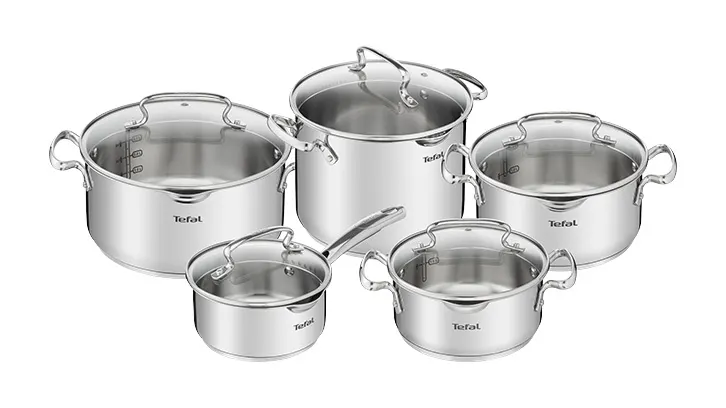 Na białym tle zestaw pięciu srebrnych garnków marki Tefal z przezroczystymi pokrywkami. Garnki mają różne rozmiary i uchwyty.