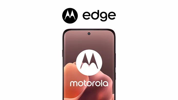 Smartfon motorola edge, na białym tle, nad logo motoroli i napis edge