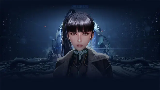 Na ciemnoniebieskim tle stoi kobieta w szarym płaszczu, z tyłu widoczna futurystyczna konstrukcja.