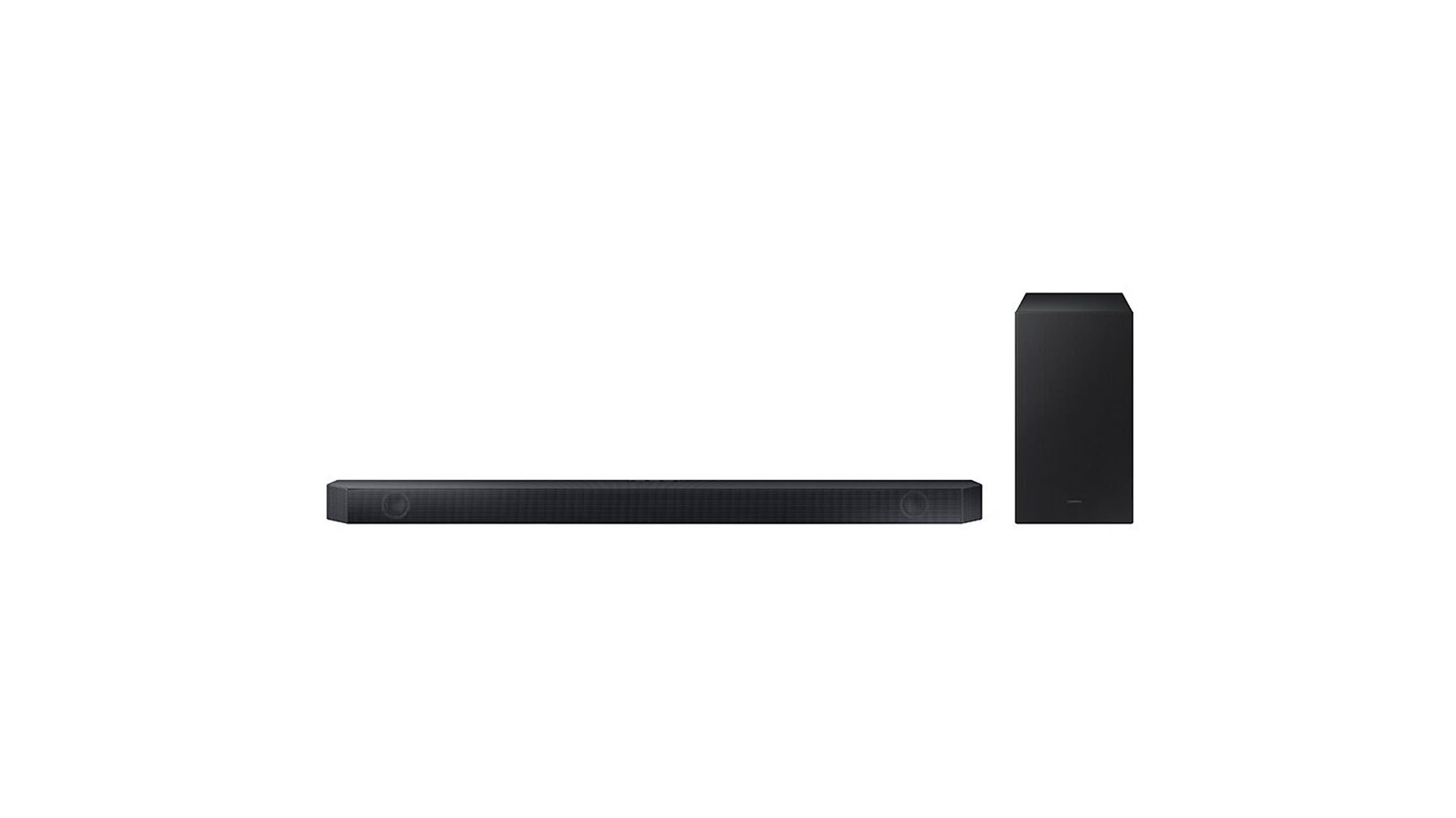 Czarny soundbar z minimalistycznym designem i bezprzewodowym subwooferem, ustawiony na białym tle.