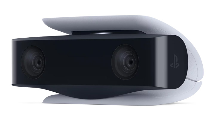 Kamera PlayStation 5 w czarno-białej obudowie. Dwa obiektywy kamery są widoczne z przodu urządzenia.