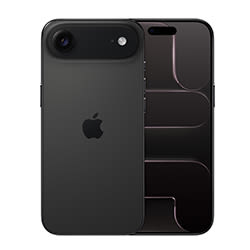 Dwa telefony iPhone 17: jeden z tyłu z kamerą i logo Apple, drugi z ekranem wyświetlającym abstrakcyjną grafikę.