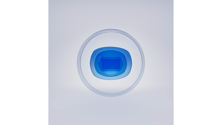 Na białym tle widoczny jest okrąg z niebieskim środkiem, tworzący efekt głębi.