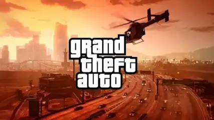 Zdjęcie przedstawia scenerię z GTA i napis Grand Theft Auto