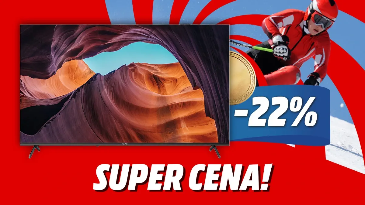 Telewizor PEAQ z napisem Super Cena -22%. W tle narciarz i medal akcji promocyjnej Okazje na medal.