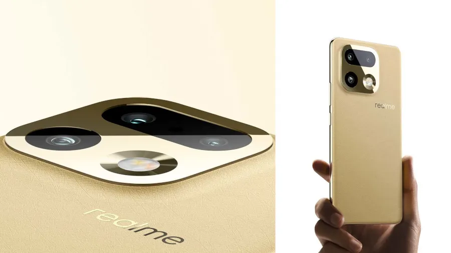 Złoty smartfon Realme 16 Pro+ 5G pokazany z dwóch perspektyw. Po lewej stronie widoczny jest fragment tylnego panelu z modułem aparatów, zawierającym trzy obiektywy rozmieszczone w sposób przypominający literę "U" oraz lampę błyskową. Po prawej stronie smartfon jest trzymany w dłoni, a na jego matowym, złotym tyle widnieje logo "realme".