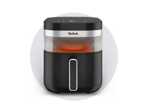 Frytkownica beztłuszczowa: czarno-srebrna, i wyświetlaczem cyfrowym na białym tle.