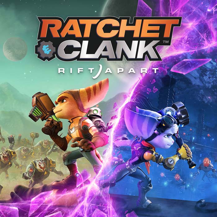 Grafika z gry "Ratchet & Clank: Rift Apart" z postaciami, bronią i logiem gry na tle fioletowych rozbłysków.