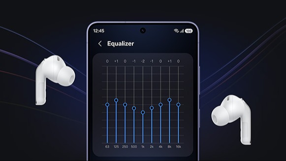 Ekran telefonu z korektorem „Equalizer” (pasy 63 Hz–16 kHz); po bokach dwie białe słuchawki buds4 pro; ciemne tło z delikatnymi kolorowymi liniami.