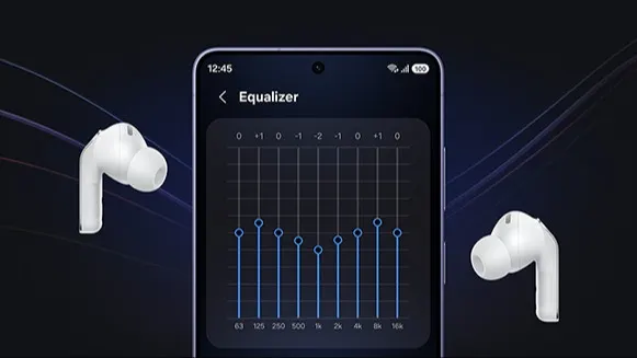 Ekran telefonu z korektorem „Equalizer” (pasy 63 Hz–16 kHz); po bokach dwie białe słuchawki buds4 pro; ciemne tło z delikatnymi kolorowymi liniami.