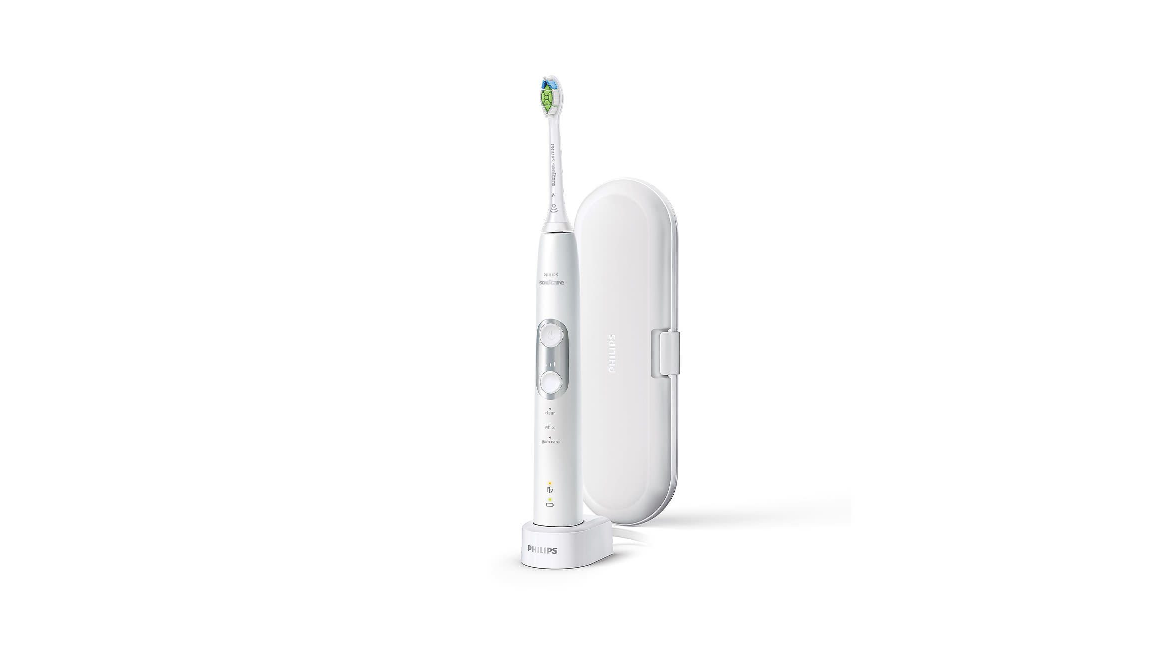Biała szczoteczka soniczna Philips Sonicare Protective Clean z etui podróżnym, pokazana pionowo na białym tle.