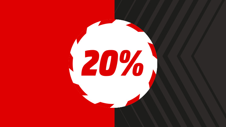 20% w białym kółku, w tle czerwono/ szare tło.