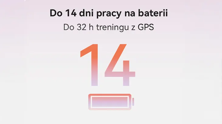 Do 14 dni pracy na baterii. Do 32 h treningu z GPS. 14 i bateria na różowym tle.