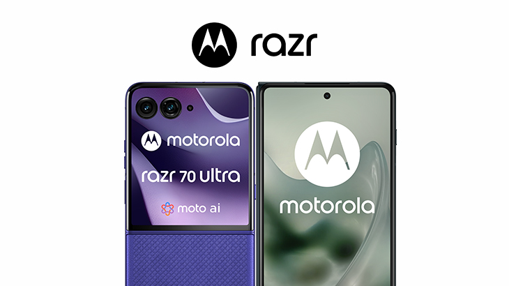 Dwa smartfony motorola razr fioletowy i zielony, nad logo motoroli i nazwa razr.