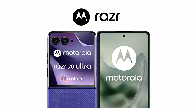 Dwa smartfony motorola razr fioletowy i zielony, nad logo motoroli i nazwa razr.