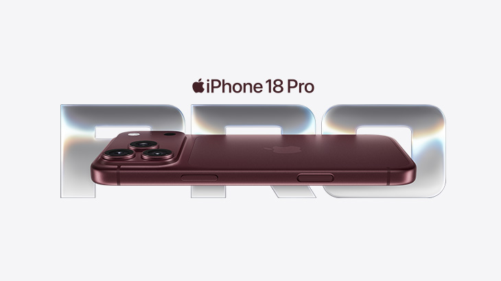 iPhone 18 Pro - na bannerze przedstawiony jest nowy iPhone 18 pro w kolorze bordowym, w tle srebrny napis PRO