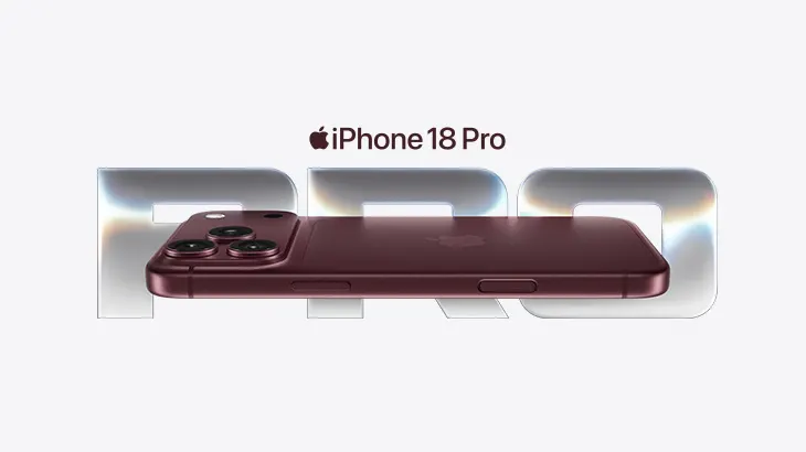 iPhone 18 Pro - na bannerze przedstawiony jest nowy iPhone 18 pro w kolorze bordowym, w tle srebrny napis PRO