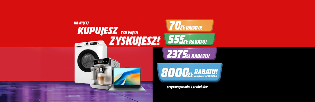 Im więcej kupujesz, tym więcej zyskujesz, napis na czerwonym tle. Pod spodem 3 produkty, laptop, ekspres, pralka. 70 zł rabatu! 555 zł rabatu! 2375 zł rabatu! 8000 zł rabatu! przy zakupie min. 2 produktów na czarnym tle.