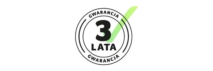 Okrągła pieczęć z napisem "Gwarancja", cyfrą "3", słowem "Lata" i zielonym symbolem zaznaczenia na białym tle.