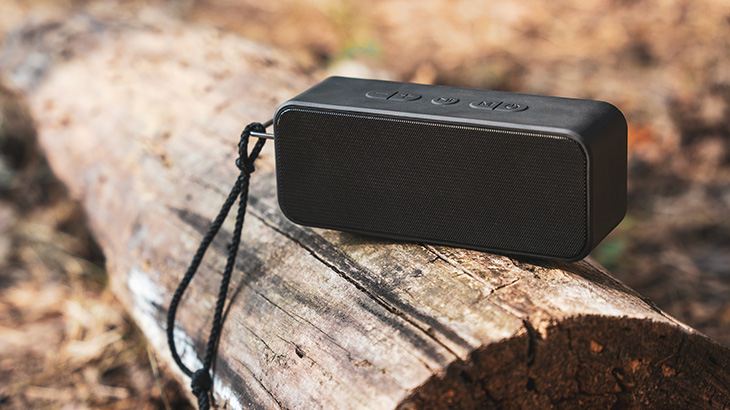 Czarny głośnik Bluetooth leży na spróchniałym pniu drzewa z czarnym sznurkiem. Tło jest zamazane.