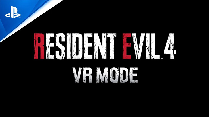 Logo PlayStation na górze, tytuł "Resident Evil 4 VR Mode" na czarnym tle.