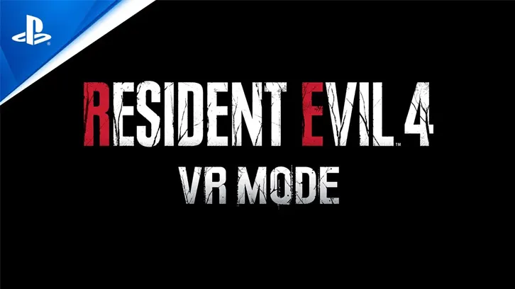 Logo PlayStation na górze, tytuł "Resident Evil 4 VR Mode" na czarnym tle.