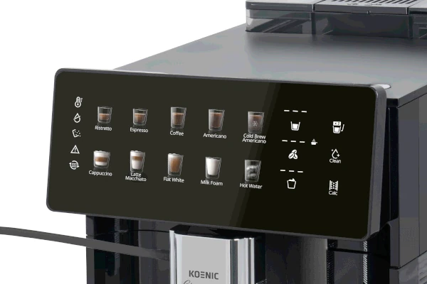 Dotykowy panel automatycznego ekspresu do kawy z ikonami i nazwami napojów, m.in. espresso, cappuccino, latte macchiato i flat white.