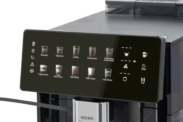 Dotykowy panel automatycznego ekspresu do kawy z ikonami i nazwami napojów, m.in. espresso, cappuccino, latte macchiato i flat white.