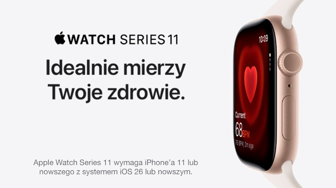 Watch series 11. Idealnie mierzy Twoje zdrowie. Apple watch na lekko różowym tle.
