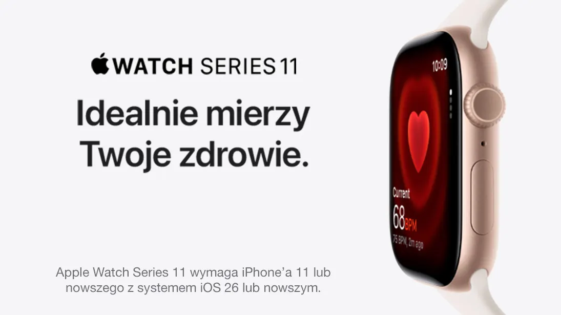 Watch series 11. Idealnie mierzy Twoje zdrowie. Apple watch na lekko różowym tle.