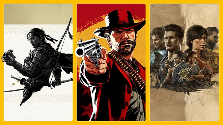 Trzy okładki gier wideo: wojownik z mieczem, mężczyzna z rewolwerem i grupa postaci. Tło jest żółte.