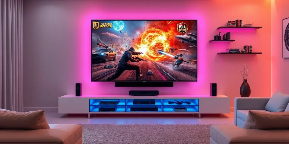 Salon z telewizorem, na którym wyświetlana jest scena akcji. Półki i szafka RTV podświetlone na różowo i niebiesko.