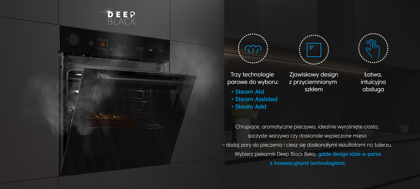 Piekarnik Beko Deep Black - Trzy technologie parowe do wyboru, steam aid, steam assisted i steam add | Zjawiskowy design z przyciemnionym szkłem | Łatwa, intuicyjna obsługa