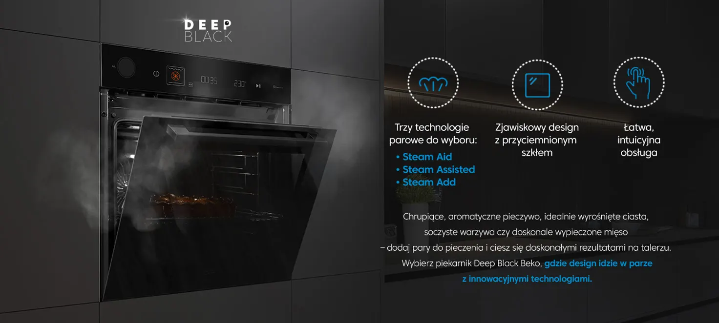 Piekarnik Beko Deep Black - Trzy technologie parowe do wyboru, steam aid, steam assisted i steam add | Zjawiskowy design z przyciemnionym szkłem | Łatwa, intuicyjna obsługa