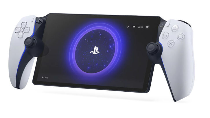 Przenośna konsola do gier z ekranem i dwoma białymi kontrolerami po bokach. Na ekranie widoczne logo PlayStation.